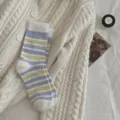 Thickened fluffy striped mid-tube socks, Japanese style soft cozy winter socks for women. - One Size / Green Grey Stripes with White Cuff