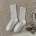 Women white ribbed long socks cozy autumn winter warm solid color knit hosiery pair - One Size / Vertical Stripe Pure White