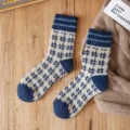 Dicke Herbst- und Winter-Wadenwaermer Socken mit blau-weissem Hahnentritt-Muster gemuetlich. - Einheitsgröße / Hahnentritt