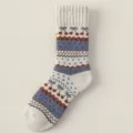 Calze in lana retrò lavorate a maglia, motivo fiocco beige blu metà polpaccio inverno - Taglia unica / Bianco