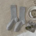 Grey ribbed knit women crew socks comfortable casual solid color warm winter long cotton socks - One Size / Striped Light Gray