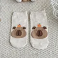 Cute capybara cartoon print cotton short boat socks for women, spring and autumn, beige. - One Size / Khaki Sock Toe