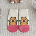 Cute cartoon capybara short socks in pink and beige, soft combed cotton boat socks. - One Size / Rose Red Toe