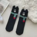 Cute fuzzy winter socks with bear ears and scarf embroidery, thick warm sleep floor socks. - One Size / Black