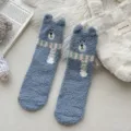 Cozy blue coral fleece winter warm socks featuring cute 3D bear ears and embroidered scarf design. - One Size / Blue