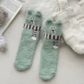 Cute winter warm coral fleece socks for women with cute embroidered bear and scarf design cozy. - One Size / Green