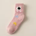 Pink fluffy coral fleece cozy winter socks for women, cute monster pattern sleep and home wear. - One Size / 559 Pink