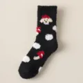 Black fuzzy coral fleece women winter warm socks featuring cute dog and white dots. - One Size / Black