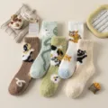 Thickened coral fleece cozy winter sleep socks for women, cute cat patterns warm home wear. - One Size / Multicolor