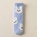 Blue coral fleece socks with cute rabbit pattern, warm and soft plush winter home socks for women. - One Size / Dark Blue