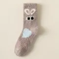 Plush fuzzy coral fleece socks in taupe with cute bunny ears and heart pattern for cozy home. - One Size / 561 Black-Eyed Rabbit