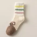 Fluffy coral fleece cozy winter socks featuring cute bear pattern and colorful stripes for women. - One Size / 562 3-Stripe Cuff