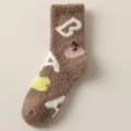 Brown fuzzy coral fleece warm winter socks for women, cozy home sleeping socks with knit pattern. - One Size / 562 Letter Brown
