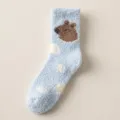 Plush Coral Fleece Warm Winter Socks with Cute Bear Pattern in Light Blue for Women - One Size / Blue
