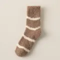 Cozy brown white striped fuzzy coral fleece winter crew socks for women warm home wear - One Size / 560 Coffee
