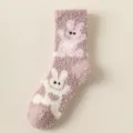 Thick coral fleece warm women socks with cute rabbit pattern, soft winter home sleep socks. - One Size / Pink