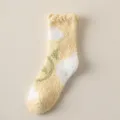 Women cozy fuzzy coral fleece winter warm sleep socks with cloud plant pattern, yellow color. - One Size / Yellow