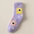 Women cute fuzzy coral fleece winter warm socks with funny cartoon monster pattern, purple - One Size / 559 Purple