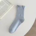Womens cute ruffled crew socks stylish knitted cotton socks for daily wear and comfort - One Size / Blue