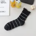 Black striped ruffled women socks, breathable cotton mid-tube slouchy socks for daily wear. - One Size / Black Stripes