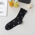 Black ruffle mid tube socks with cute white bow prints, soft cotton knit casual wear for women. - One Size / Bow knot Black