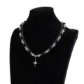 Collier double couche pour hommes perles argentées noires pendentif étoile hip hop - Style Double Rang Argent Noir (07960)