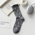 Grey polka dot mesh ruffles mid-tube socks breathable summer cotton cute casual socks - One Size / Dark Gray