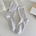 Korean style speckled yarn mid tube socks with cute pink embroidered heart pure cotton soft knitwear - Pure White