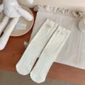 Witte geribbelde damessokken, Koreaanse stijl katoenen halflange sokken met stoffen label. - Eén maat / Wit