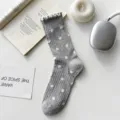 Grey polka dot ribbed ruffle socks, breathable cotton summer long crew socks for women. - One Size / Light Gray