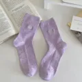 Purple speckled crew socks with silver heart embroidery, cute Korean style cotton socks. - Purple