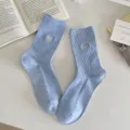 Light blue speckled crew socks with cute silver embroidered heart, soft and cozy cotton knit. - Blue