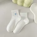 White cotton short socks for women, featuring a cute blue heart embroidery. Breathable and soft. - One Size / Creamy White
