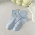 Light blue cotton short socks with grey embroidered heart, cute ribbed crew socks for daily wear. - One Size / Light Blue