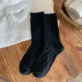 Solid color textured wool mid-calf socks for women, cozy winter thermal casual hosiery. - One Size / Black