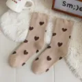 Chaussettes d'hiver femme marron beige motif cœur, chaussettes éponge coton épaisses. - Taille unique / Kaki