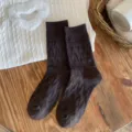 Dark brown knitted wool mid-tube socks with subtle relief pattern for women winter warm casual daily wear - One Size / Coffee