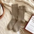 Women cozy wool blend mid-calf socks with cute cable knit heart pattern and embroidery style. - One Size / Light Coffee