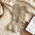 Cozy winter cable knit wool crew socks with cute heart patterns and soft warm fabric. - One Size / Khaki