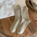Solid color dark pattern wool socks women mid-tube autumn winter Japanese retro cozy warm slouch socks - One Size / Khaki