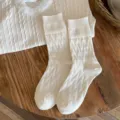 Solid color textured wool mid-calf socks for women autumn winter warm cozy knit socks - One Size / White