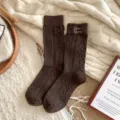 Brown cable knit wool socks for women, thick warm winter mid-calf socks with heart embroidery. - One Size / Dark Coffee
