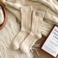 Women wool winter warm mid-calf socks cable knit heart embroidery casual cozy hosiery - One Size / Off White