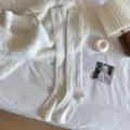 Gestreickte Overknee Socken für Damen, warme einfarbige Winter Oberschenkel lange Socken. - Einheitsgröße / Überknielänge / Weiß