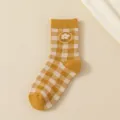 Damen Winter Mid-Calf Socken gelb kariert Baumwolle thermisch süß Blumen Strick Socken - Einheitsgröße / 431 Karo