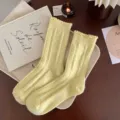 Japanische einfarbige Wollsocken für Damen, warme Plüsch Langsocken mit Rüschenrand Kräusel. - Einheitsgröße / Gelb