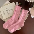 Gemütliche rosa Wollsocken für Damen, mit süßen Rüschenbündchen und dickem Winterdesign. - Einheitsgröße / Rosa