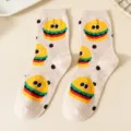 Cute cartoon hamburger pattern mid tube socks for women, soft comfortable cotton casual daily wear. - One Size / Khaki