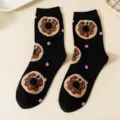 Cute black cotton mid-tube socks featuring a delightful donut and pink polka dot design for women. - One Size / Black