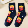 Cute funny french fries printed cotton mid-tube socks for women, dark blue casual hosiery. - One Size / Navy Blue